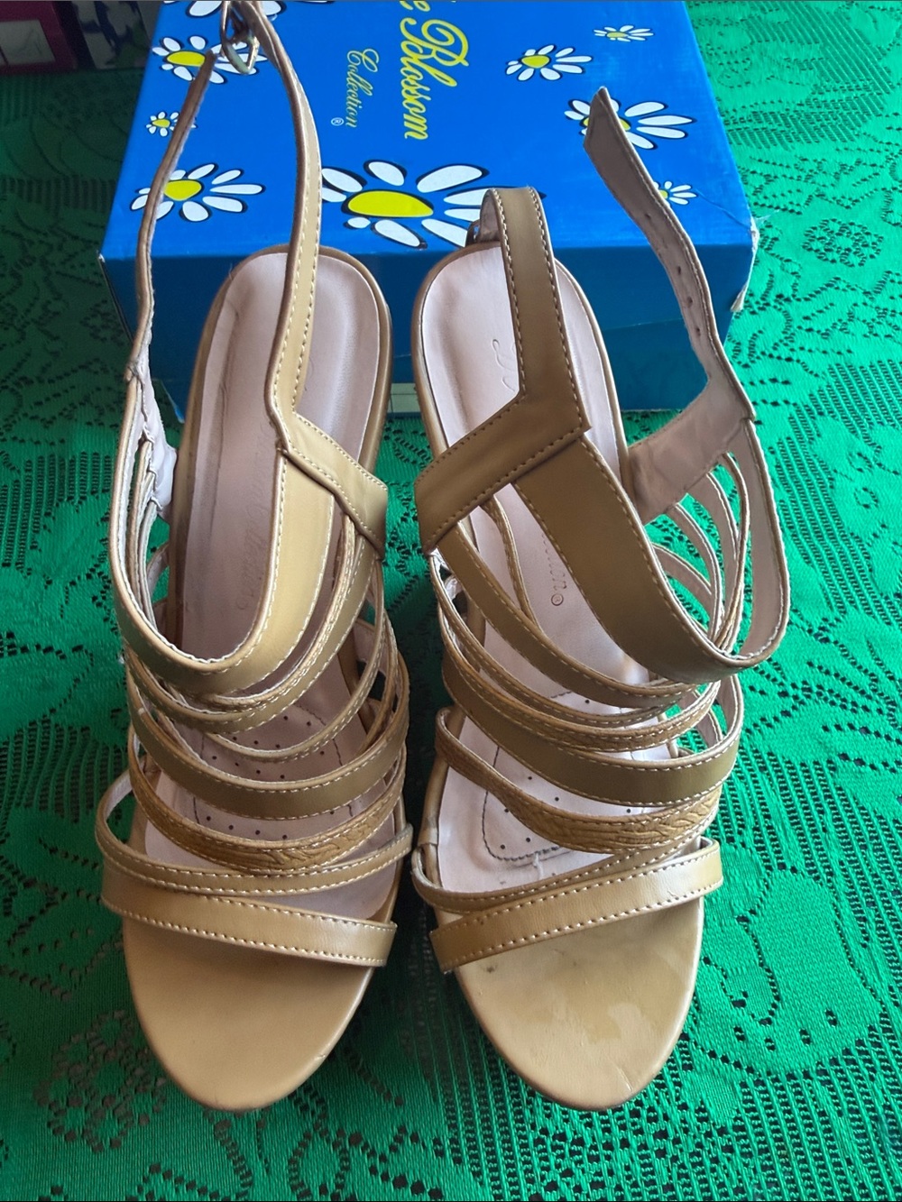 De Blossom Collection Strappy Slingback Heels in Tan